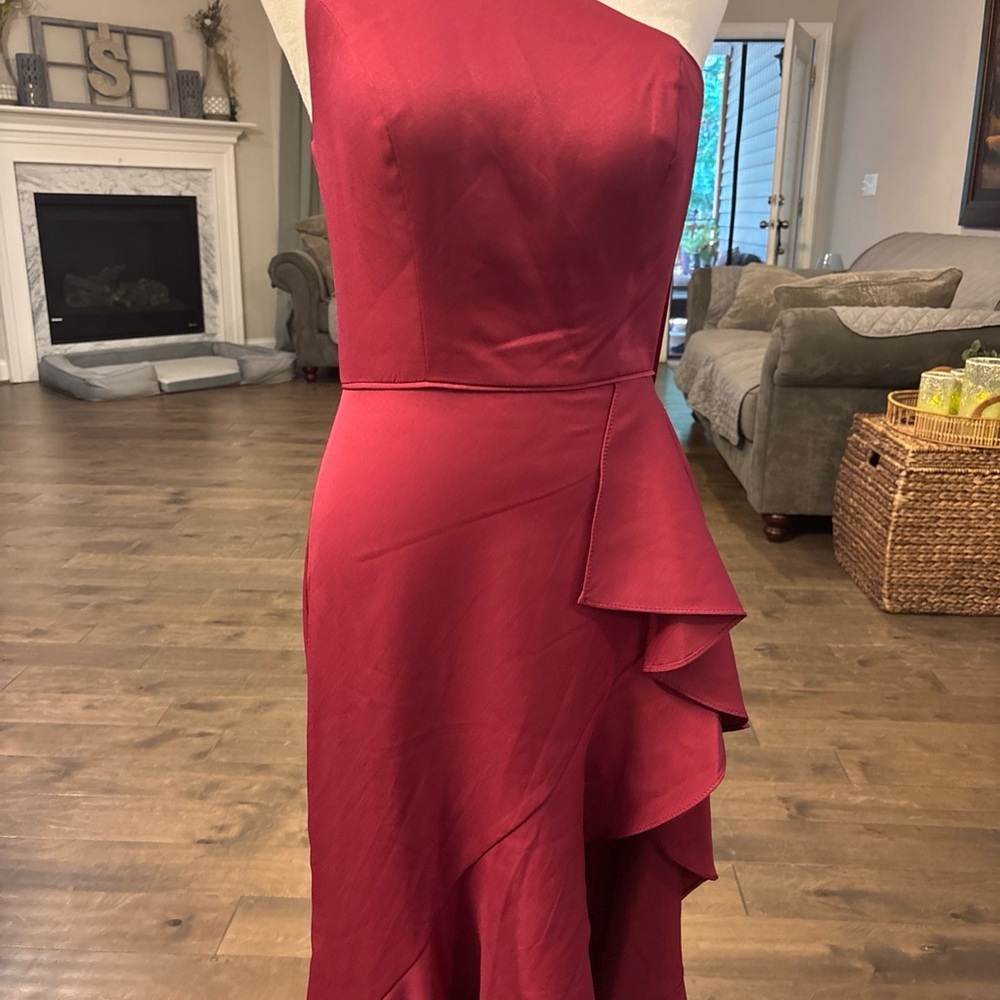 Mac Duggal Red Asymmetrical Ruffled One Shoulder Dress